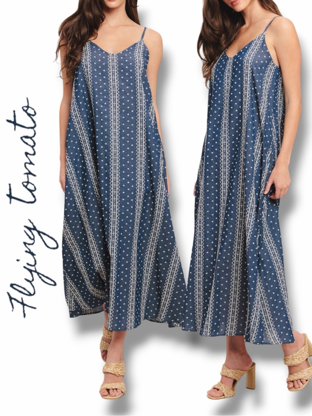 Flying Tomato Handloom Sky Woven Navy Blue Spaghetti-Strap Maxi Dress in Size L